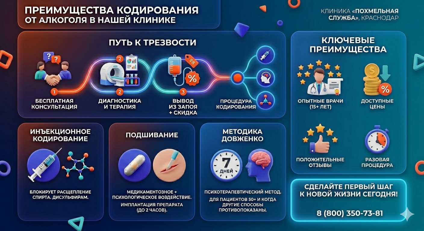 Инфографика о методах кодирования от алкоголя в Петровской: инъекции, подшивание, метод Довженко. Преимущества клиники и этапы лечения.