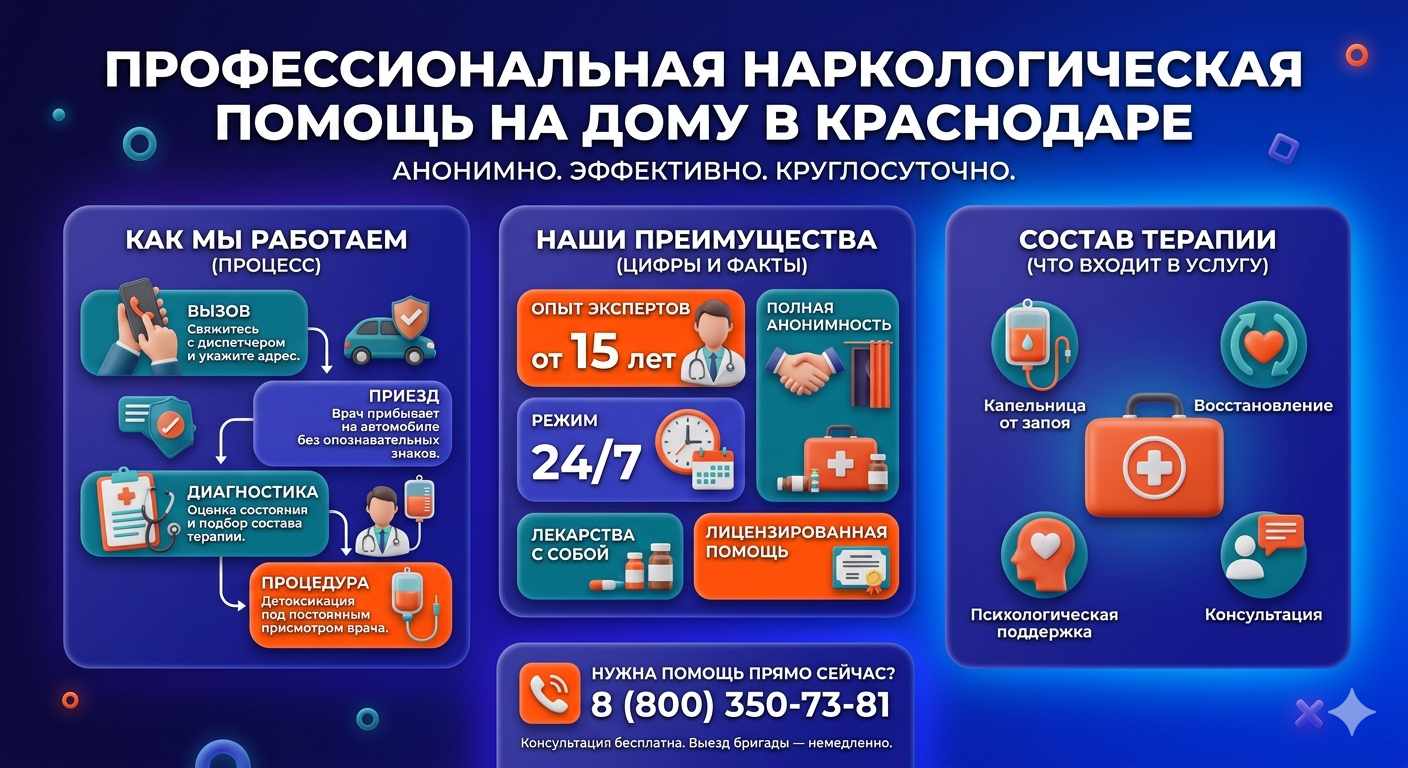 Инфографика о принципах лечения алкоголизма на дому в Петровской: этапы вызова нарколога, преимущества анонимной детоксикации и состав медицинской помощи.